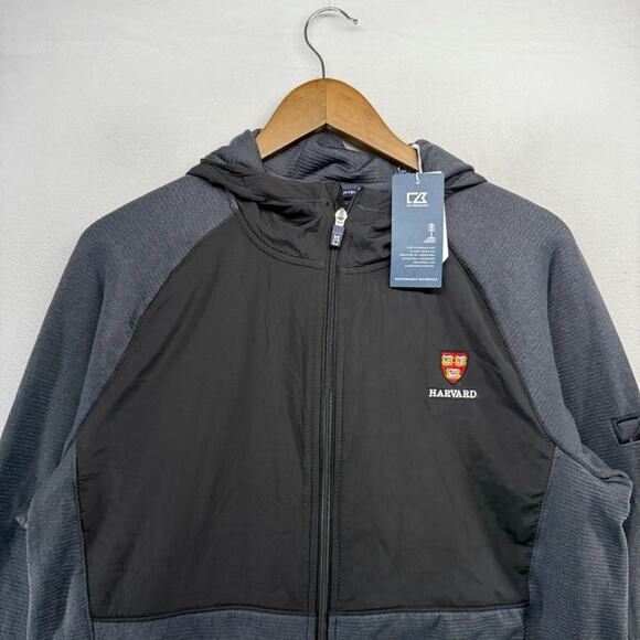 Harvard University Jacket Mens Medium Black Gray Full Zip Hooded Grid Fleece NEW - Picture 1 of 9
